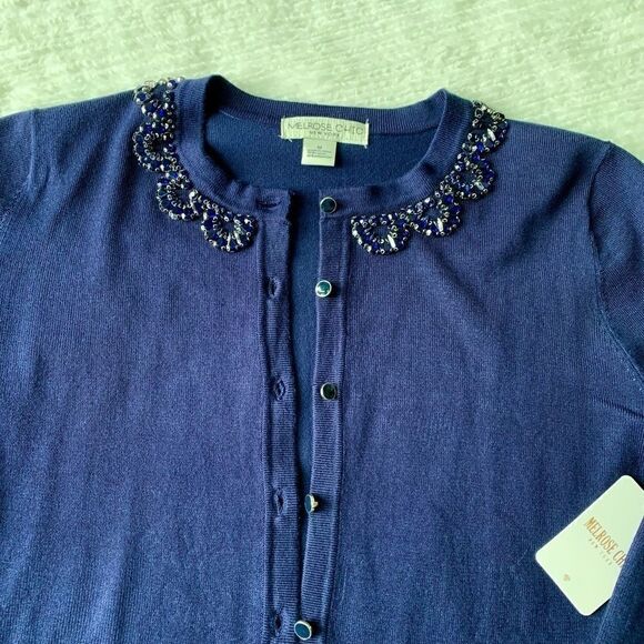 New Ladies Beaded Crewneck Cardigan In Navy - Picture 12 of 14